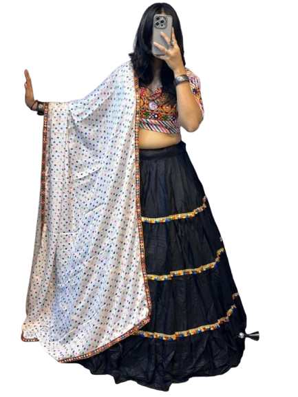 Black Navratri Chaniya Choli with Multicolor Embroidered Blouse & Printed Dupatta