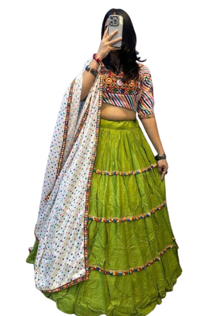 Green Navratri Chaniya Choli with Multicolor Embroidered Blouse & Printed Dupatta