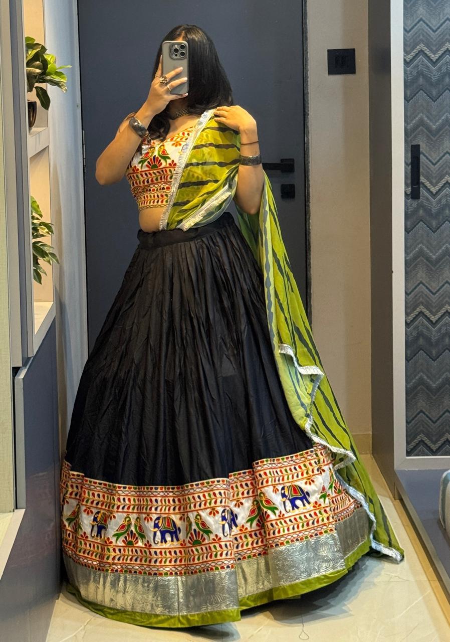 Elegant Black Embroidered Navratri Chaniya Choli with Green Dupatta