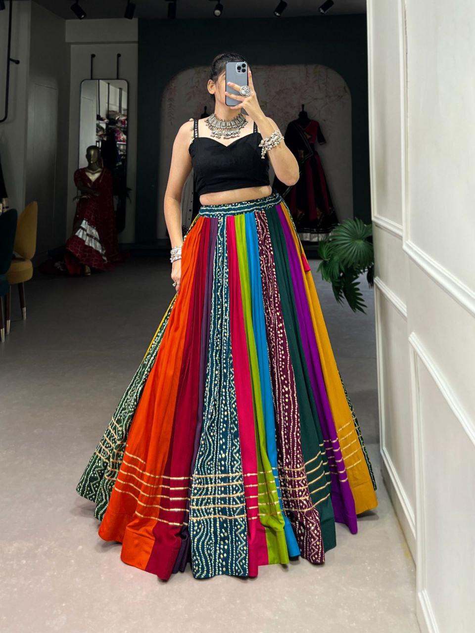 Multicolor Bandhani Fusion Lehenga with Black Crop Top – Festive Edition