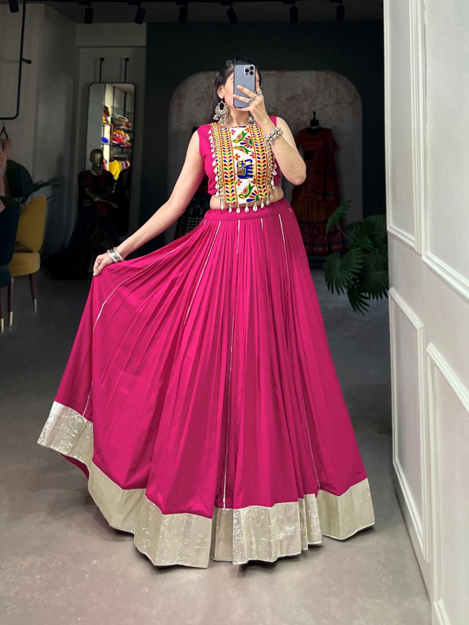 Rani Pink Designer Chaniya Choli with Multicolor Embroidered Jacket Blouse