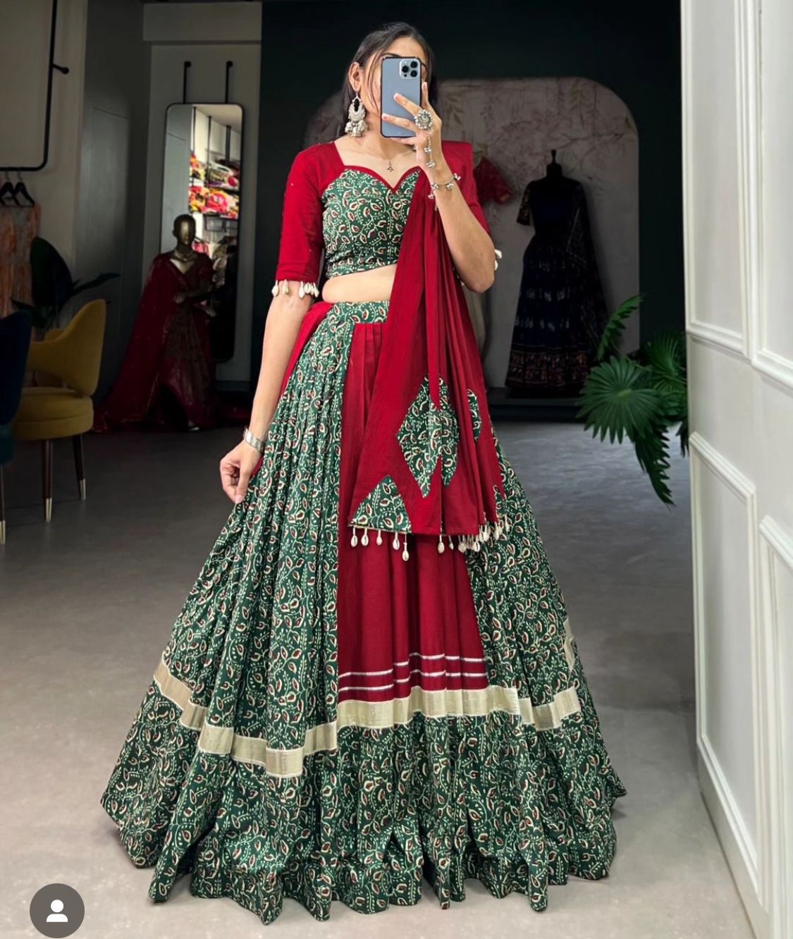 Traditional Green Floral Lehenga Choli with Red Dupatta & Golden Border