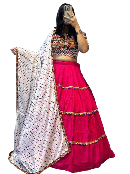 Vibrant Pink Navratri Chaniya Choli with Multicolor Embroidered Blouse & Printed Dupatta