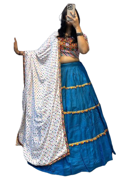 Royal Blue Navratri Chaniya Choli with Multicolor Embroidered Blouse & Printed Dupatta