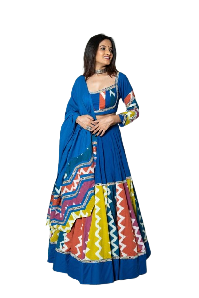 Royal Blue Multicolor Zigzag Printed Lehenga Choli Set with Dupatta