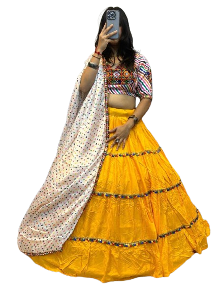 Yellow Navratri Chaniya Choli with Multicolor Embroidered Blouse & Printed Dupatta
