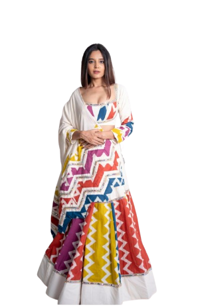 White Multicolor Zigzag Patterned Festive Chaniya Choli with Dupatta