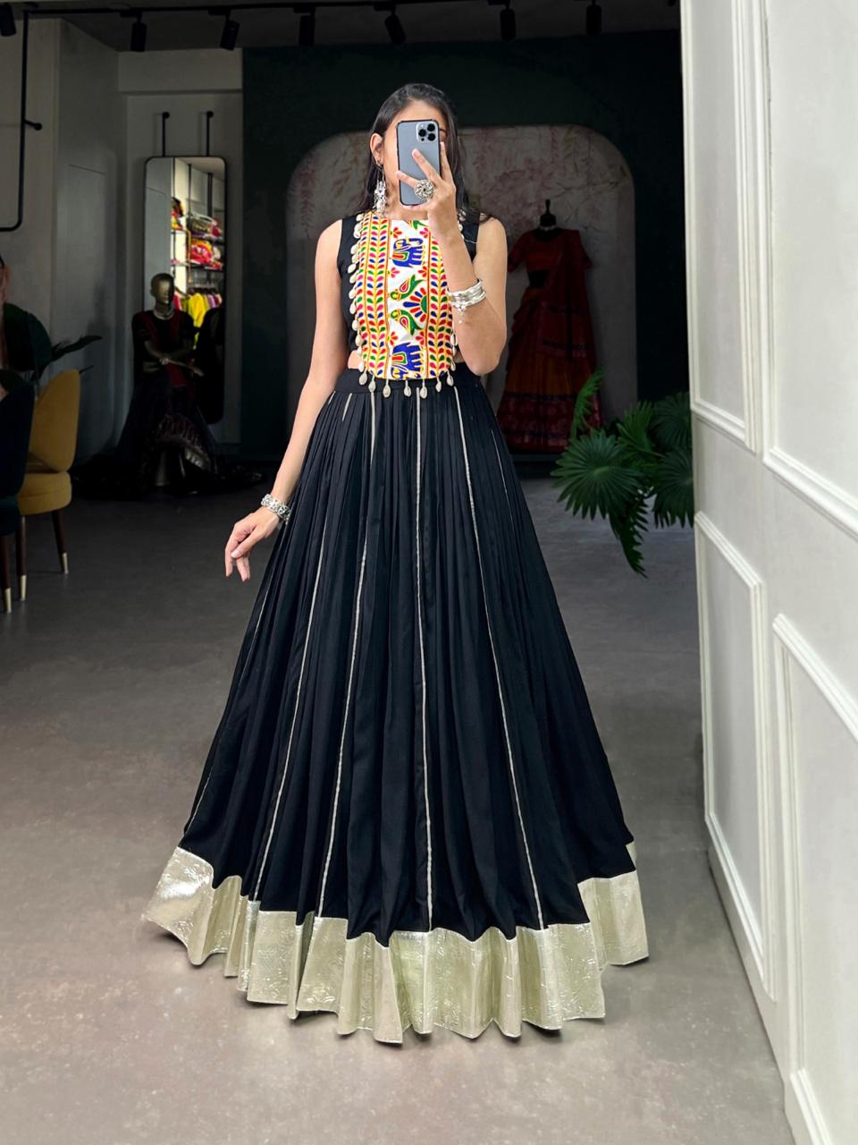 Black Designer Navratri Chaniya Choli with Embroidered Jacket-Style Blouse