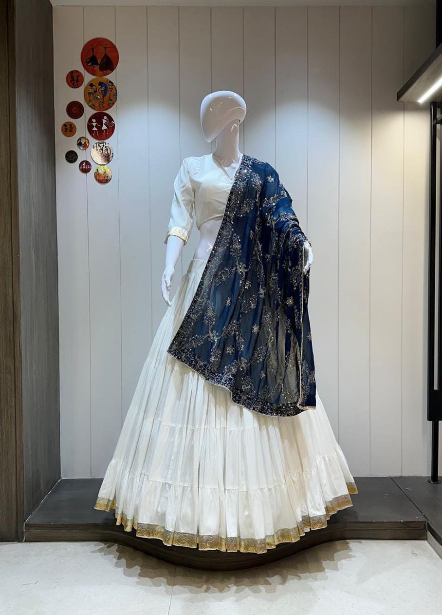 Ivory White Silk Lehenga Set with Navy Blue Embroidered Dupatta – Royal Elegance Edition