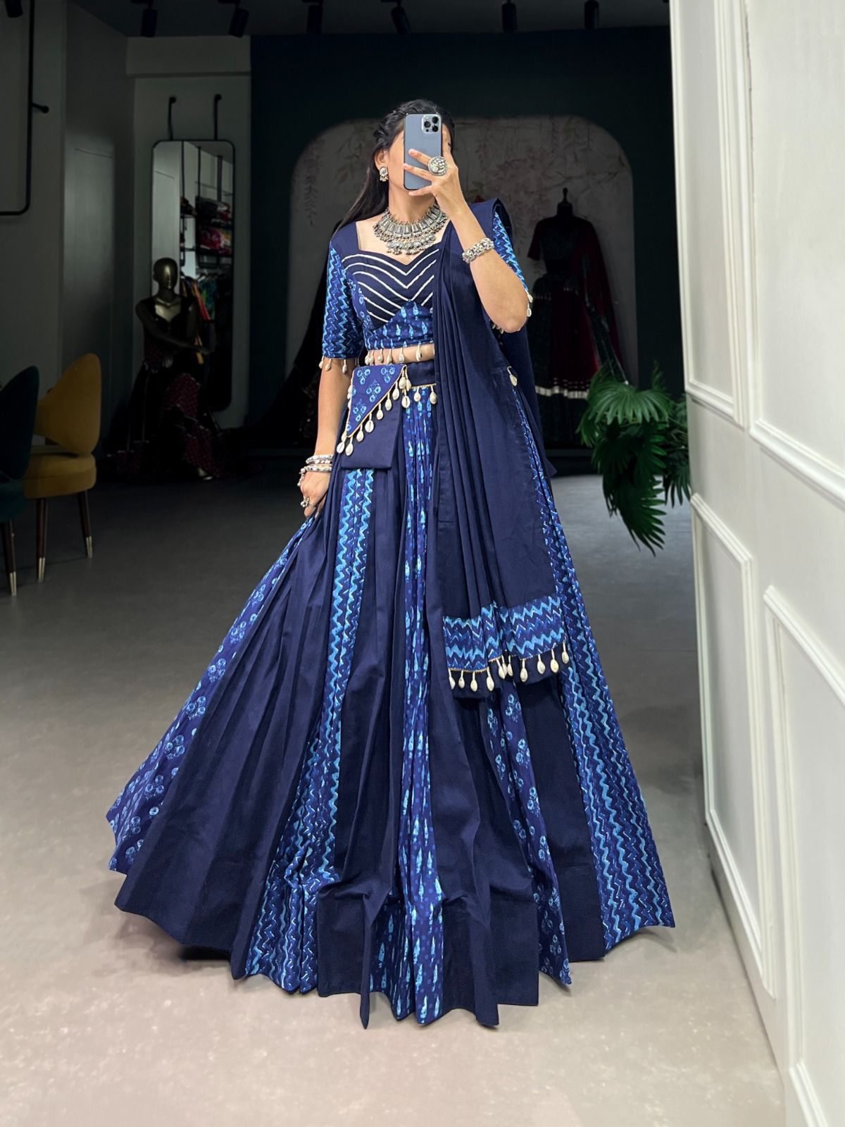 Navy Blue Traditional Chaniya Choli with Mirror Work